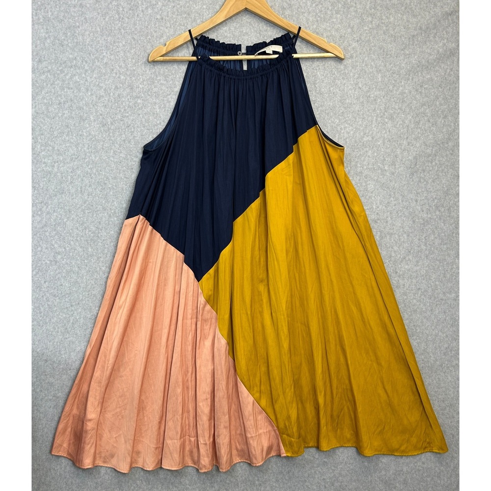 LOFT PLUS Dress Navy Blue Yellow Peach Colorblock Pleated Halter Trapeze Size 18